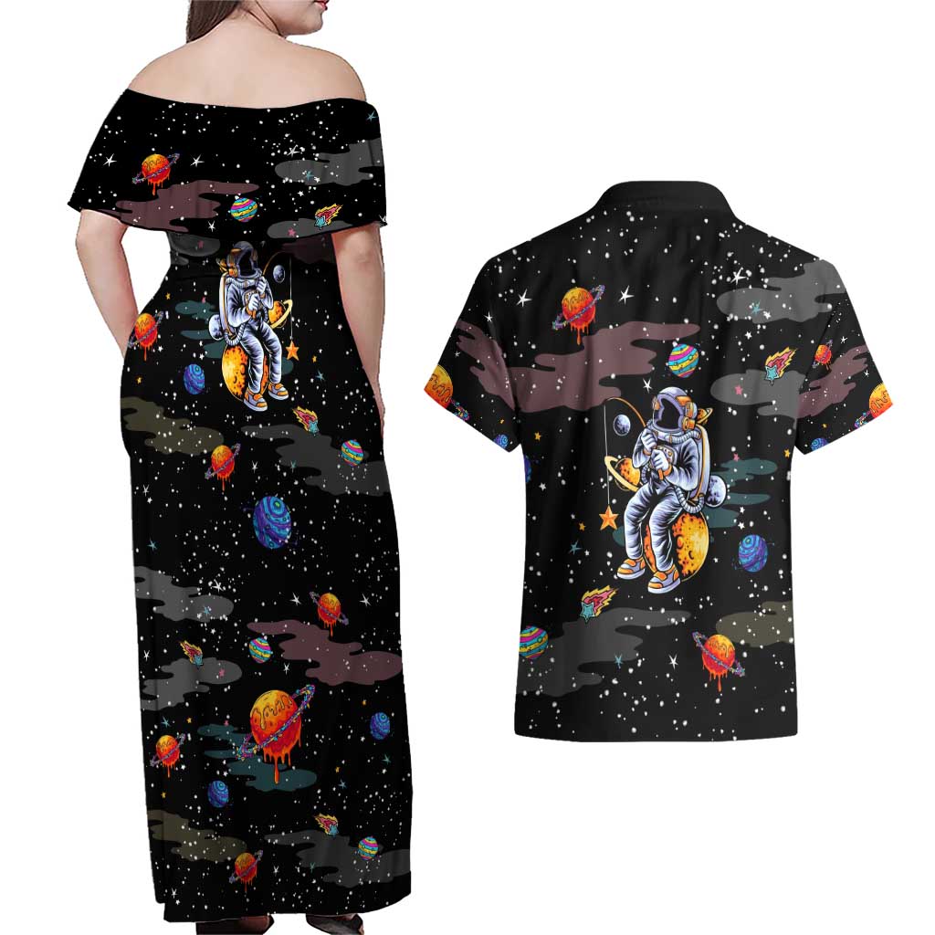 Funny Astronaut Fishing In Space Christmas Couples Matching Off Shoulder Maxi Dress and Hawaiian Shirt Xmas Holiday Patterns - Wonder Print Shop