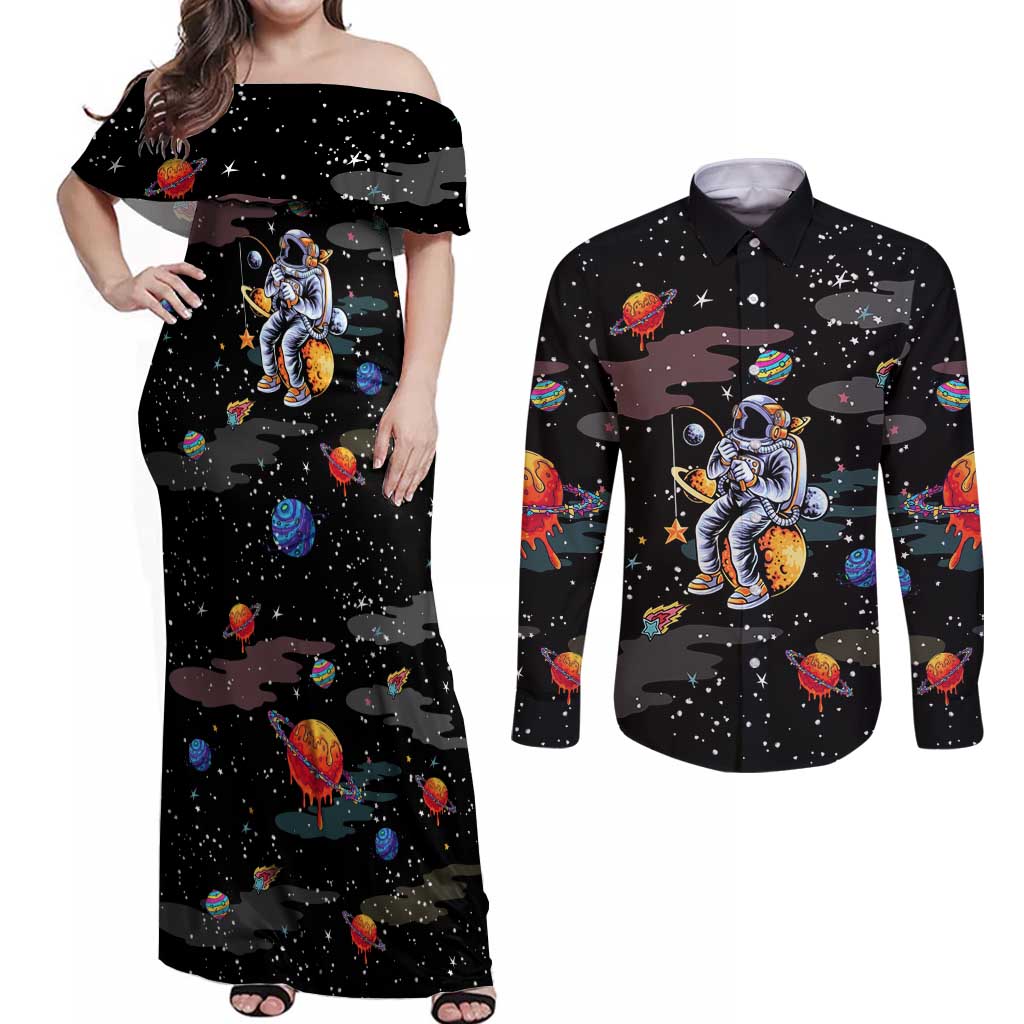 Funny Astronaut Fishing In Space Christmas Couples Matching Off Shoulder Maxi Dress and Long Sleeve Button Shirt Xmas Holiday Patterns - Wonder Print Shop