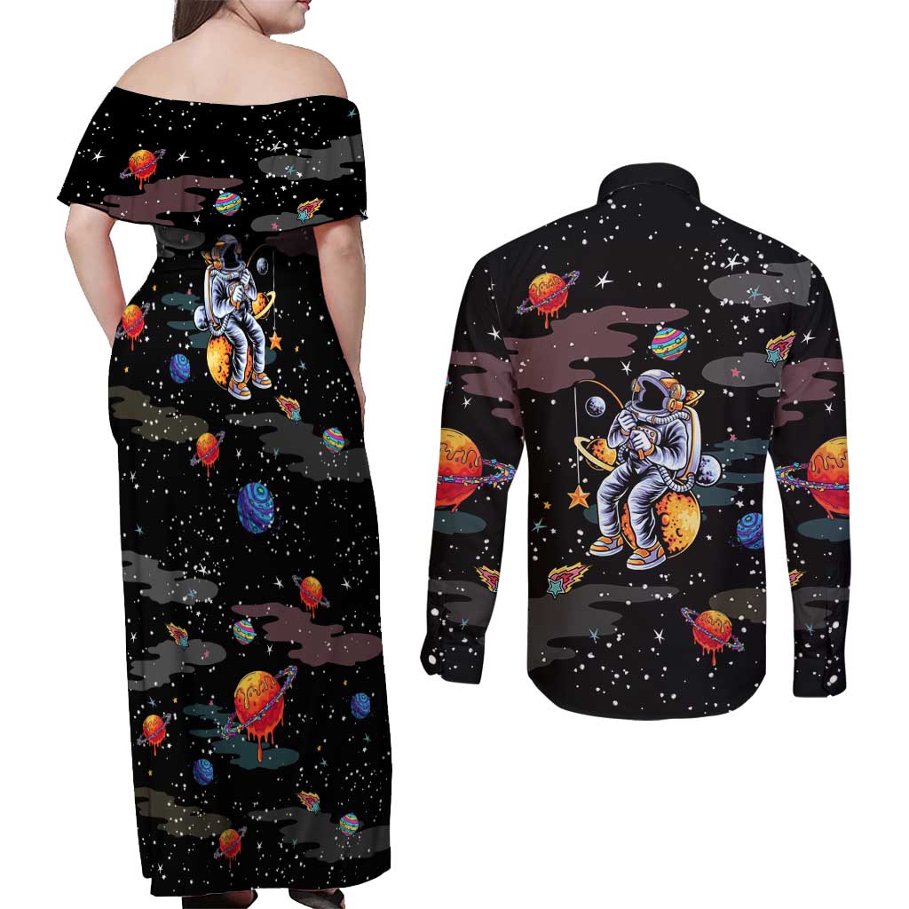 Funny Astronaut Fishing In Space Christmas Couples Matching Off Shoulder Maxi Dress and Long Sleeve Button Shirt Xmas Holiday Patterns - Wonder Print Shop