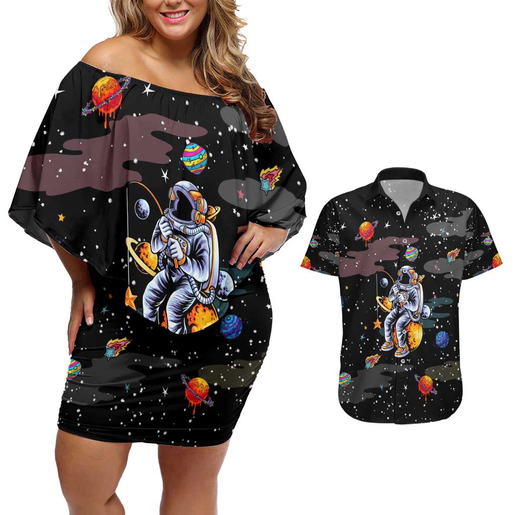 Funny Astronaut Fishing In Space Christmas Couples Matching Off Shoulder Short Dress and Hawaiian Shirt Xmas Holiday Patterns - Wonder Print Shop