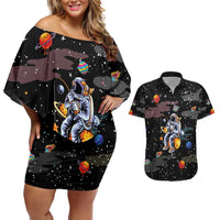 Funny Astronaut Fishing In Space Christmas Couples Matching Off Shoulder Short Dress and Hawaiian Shirt Xmas Holiday Patterns - Wonder Print Shop