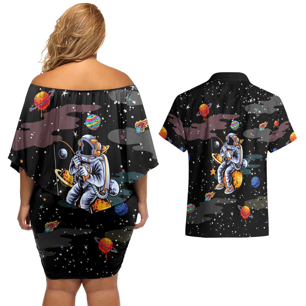 Funny Astronaut Fishing In Space Christmas Couples Matching Off Shoulder Short Dress and Hawaiian Shirt Xmas Holiday Patterns - Wonder Print Shop