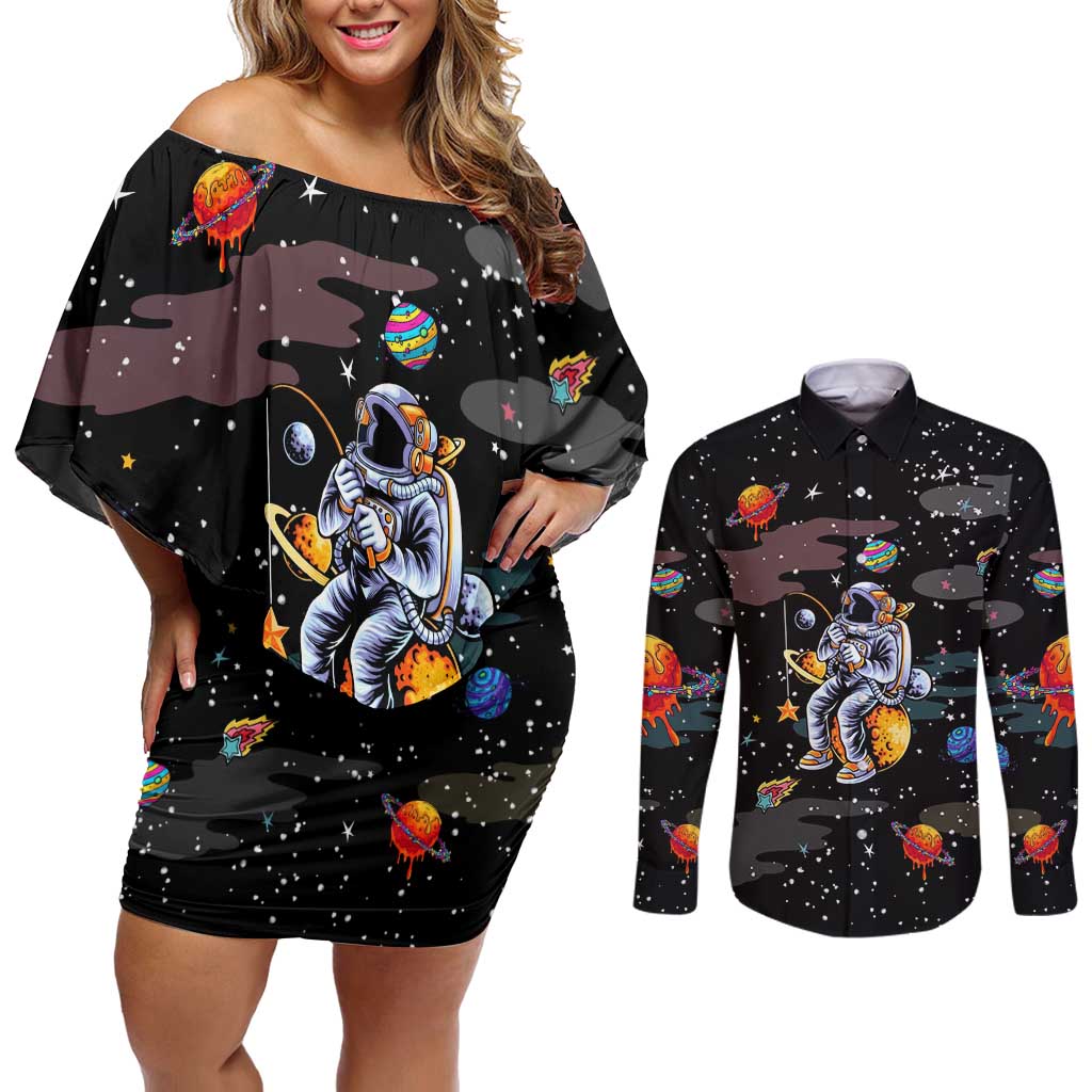 Funny Astronaut Fishing In Space Christmas Couples Matching Off Shoulder Short Dress and Long Sleeve Button Shirt Xmas Holiday Patterns - Wonder Print Shop