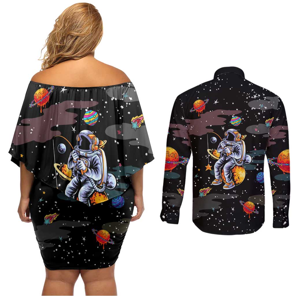 Funny Astronaut Fishing In Space Christmas Couples Matching Off Shoulder Short Dress and Long Sleeve Button Shirt Xmas Holiday Patterns - Wonder Print Shop