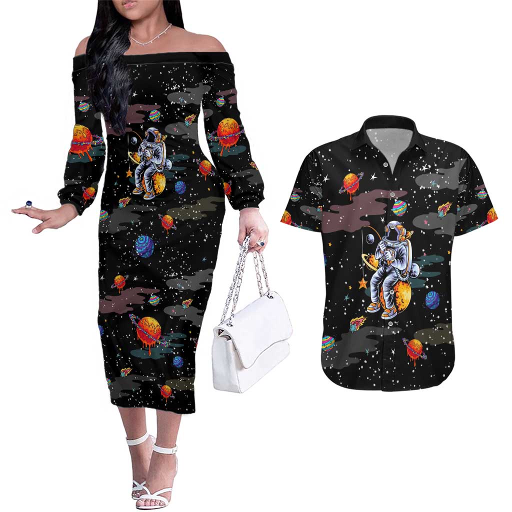 Funny Astronaut Fishing In Space Christmas Couples Matching Off The Shoulder Long Sleeve Dress and Hawaiian Shirt Xmas Holiday Patterns - Wonder Print Shop