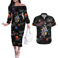 Funny Astronaut Fishing In Space Christmas Couples Matching Off The Shoulder Long Sleeve Dress and Hawaiian Shirt Xmas Holiday Patterns - Wonder Print Shop