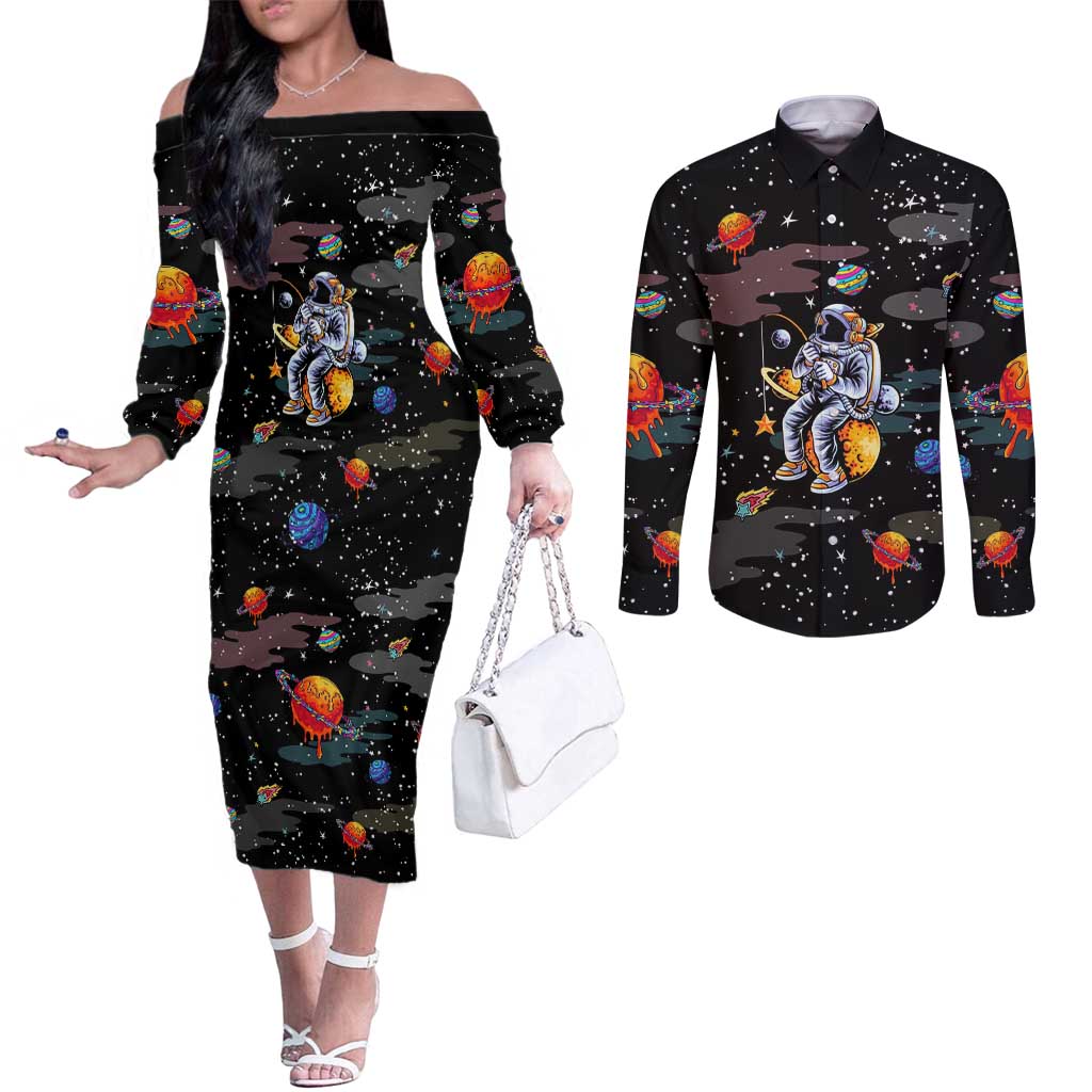 Funny Astronaut Fishing In Space Christmas Couples Matching Off The Shoulder Long Sleeve Dress and Long Sleeve Button Shirt Xmas Holiday Patterns - Wonder Print Shop