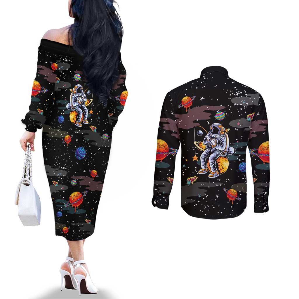 Funny Astronaut Fishing In Space Christmas Couples Matching Off The Shoulder Long Sleeve Dress and Long Sleeve Button Shirt Xmas Holiday Patterns - Wonder Print Shop