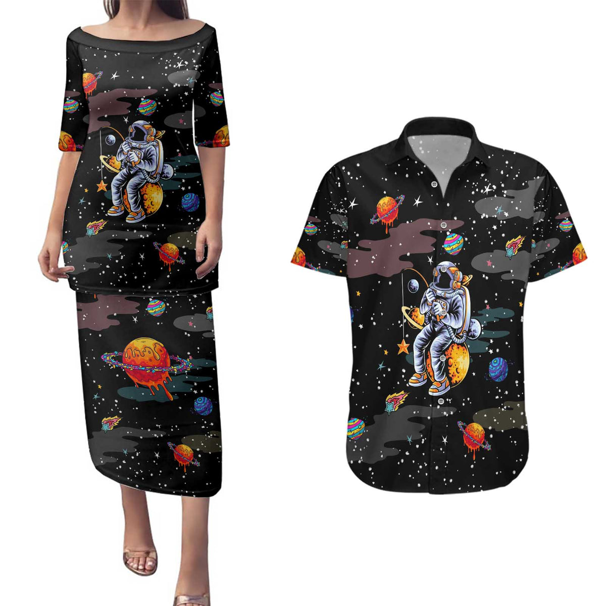 Funny Astronaut Fishing In Space Christmas Couples Matching Puletasi and Hawaiian Shirt Xmas Holiday Patterns - Wonder Print Shop