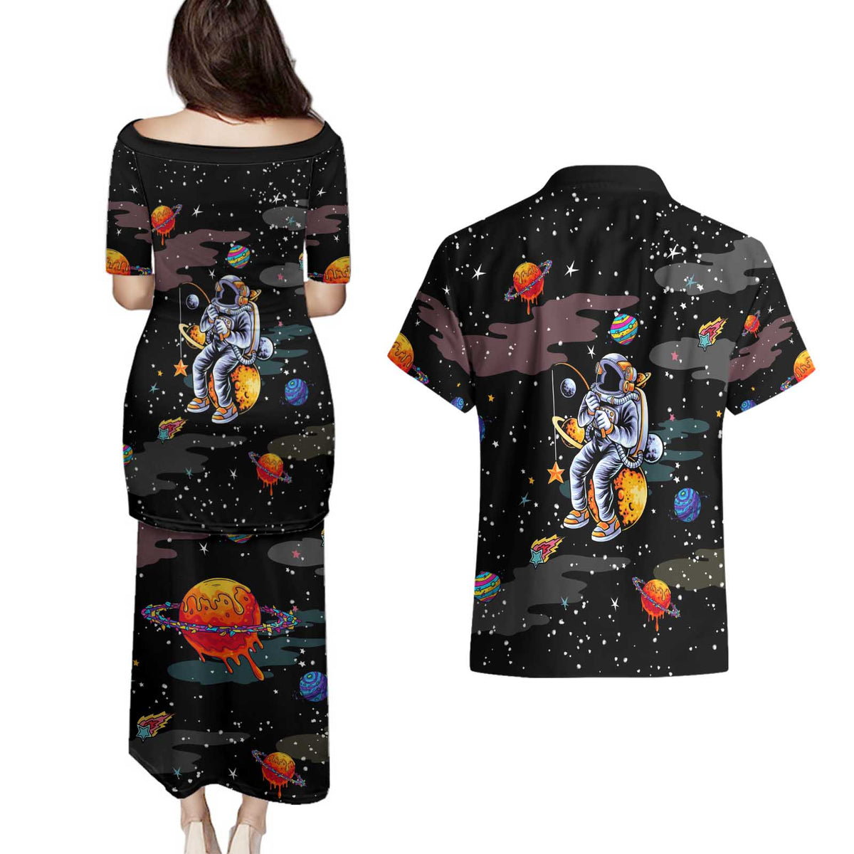 Funny Astronaut Fishing In Space Christmas Couples Matching Puletasi and Hawaiian Shirt Xmas Holiday Patterns - Wonder Print Shop