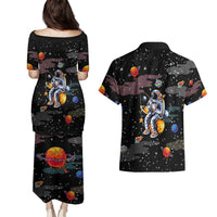 Funny Astronaut Fishing In Space Christmas Couples Matching Puletasi and Hawaiian Shirt Xmas Holiday Patterns - Wonder Print Shop