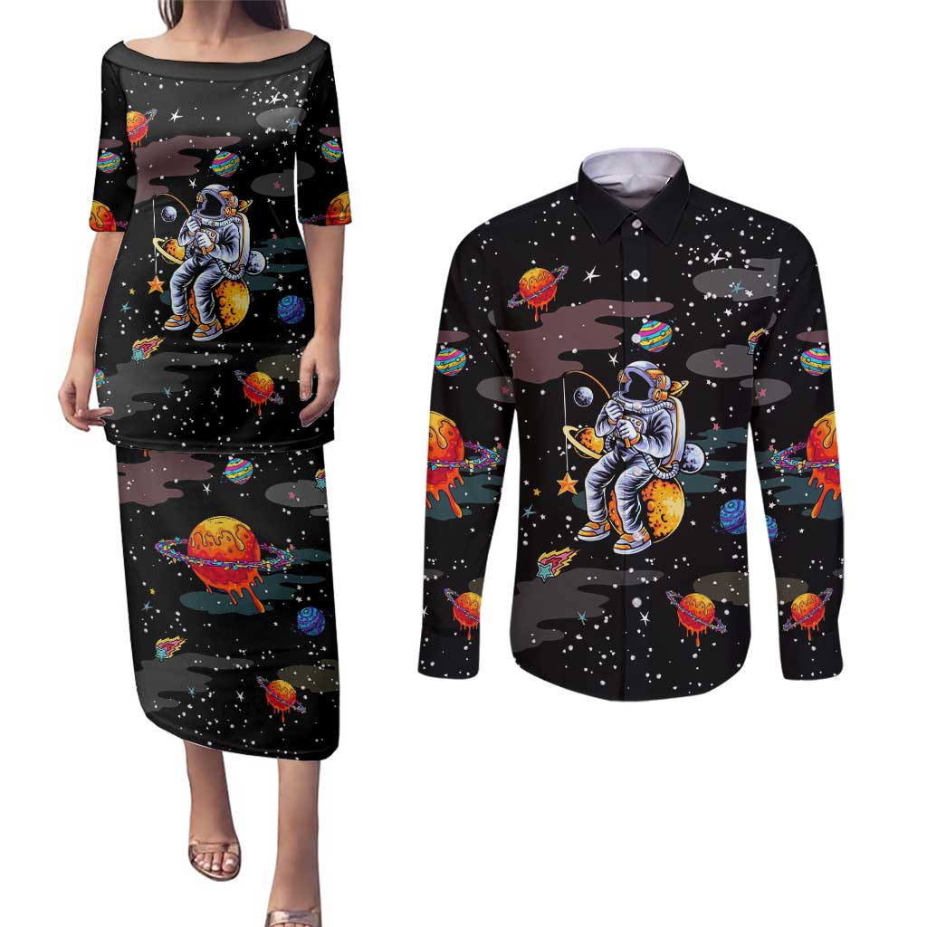 Funny Astronaut Fishing In Space Christmas Couples Matching Puletasi and Long Sleeve Button Shirt Xmas Holiday Patterns - Wonder Print Shop