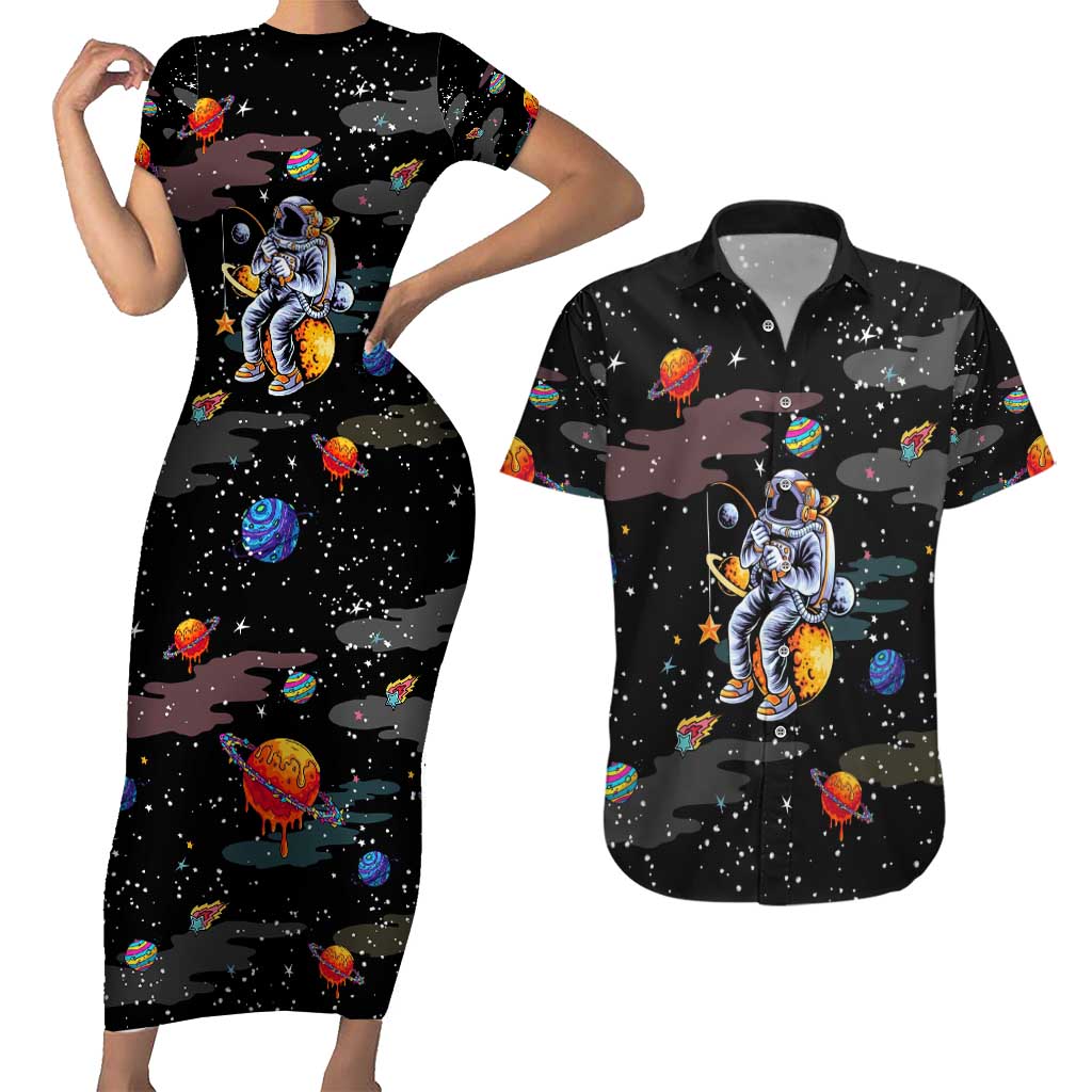 Funny Astronaut Fishing In Space Christmas Couples Matching Short Sleeve Bodycon Dress and Hawaiian Shirt Xmas Holiday Patterns - Wonder Print Shop