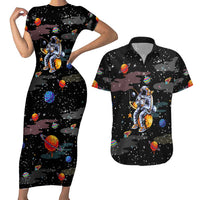 Funny Astronaut Fishing In Space Christmas Couples Matching Short Sleeve Bodycon Dress and Hawaiian Shirt Xmas Holiday Patterns - Wonder Print Shop