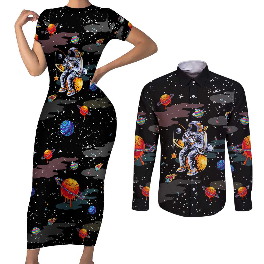 Funny Astronaut Fishing In Space Christmas Couples Matching Short Sleeve Bodycon Dress and Long Sleeve Button Shirt Xmas Holiday Patterns - Wonder Print Shop