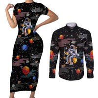 Funny Astronaut Fishing In Space Christmas Couples Matching Short Sleeve Bodycon Dress and Long Sleeve Button Shirt Xmas Holiday Patterns - Wonder Print Shop