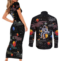 Funny Astronaut Fishing In Space Christmas Couples Matching Short Sleeve Bodycon Dress and Long Sleeve Button Shirt Xmas Holiday Patterns - Wonder Print Shop