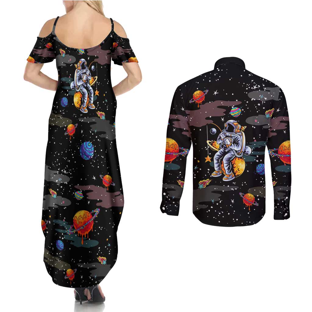 Funny Astronaut Fishing In Space Christmas Couples Matching Summer Maxi Dress and Long Sleeve Button Shirt Xmas Holiday Patterns - Wonder Print Shop