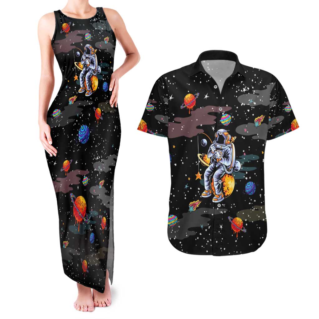 Funny Astronaut Fishing In Space Christmas Couples Matching Tank Maxi Dress and Hawaiian Shirt Xmas Holiday Patterns - Wonder Print Shop