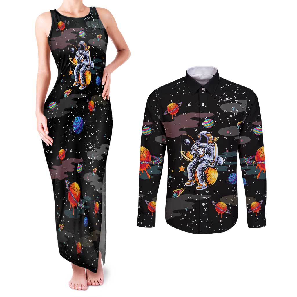 Funny Astronaut Fishing In Space Christmas Couples Matching Tank Maxi Dress and Long Sleeve Button Shirt Xmas Holiday Patterns - Wonder Print Shop