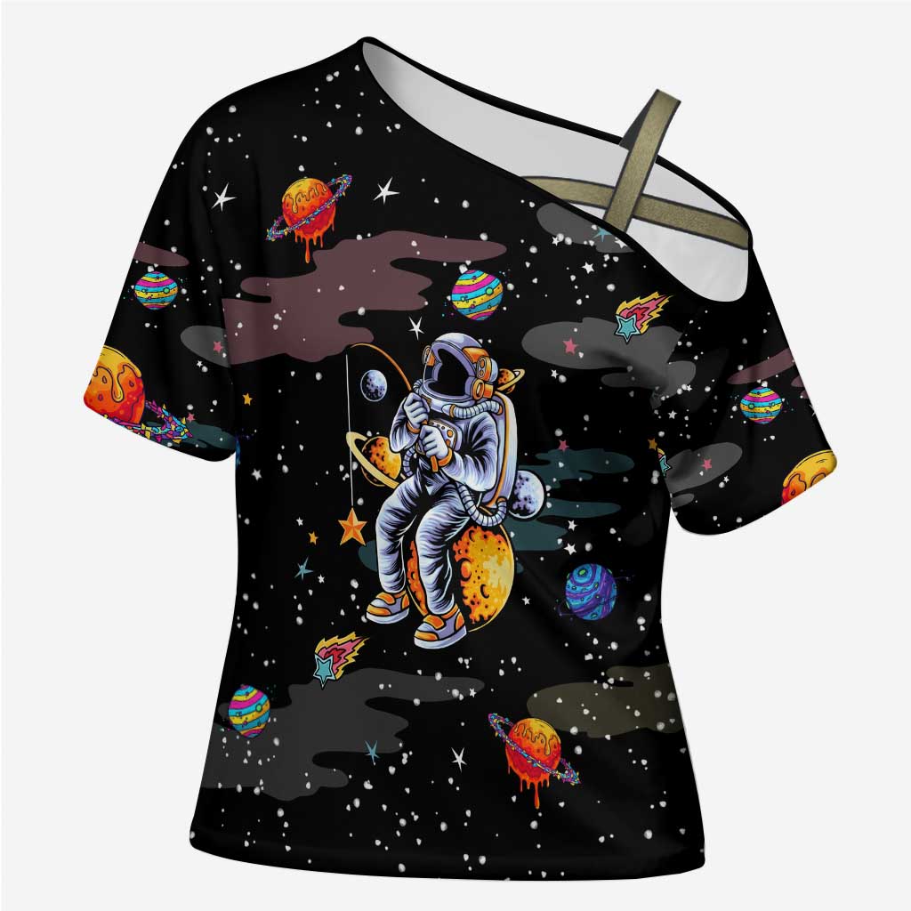 Funny Astronaut Fishing In Space Christmas Cross Shoulder Shirt Xmas Holiday Patterns - Wonder Print Shop