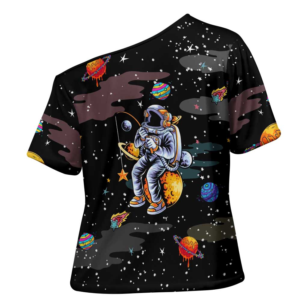 Funny Astronaut Fishing In Space Christmas Cross Shoulder Shirt Xmas Holiday Patterns - Wonder Print Shop