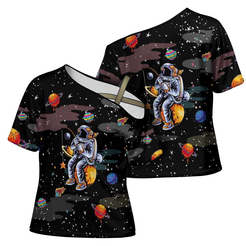 Funny Astronaut Fishing In Space Christmas Cross Shoulder Shirt Xmas Holiday Patterns - Wonder Print Shop