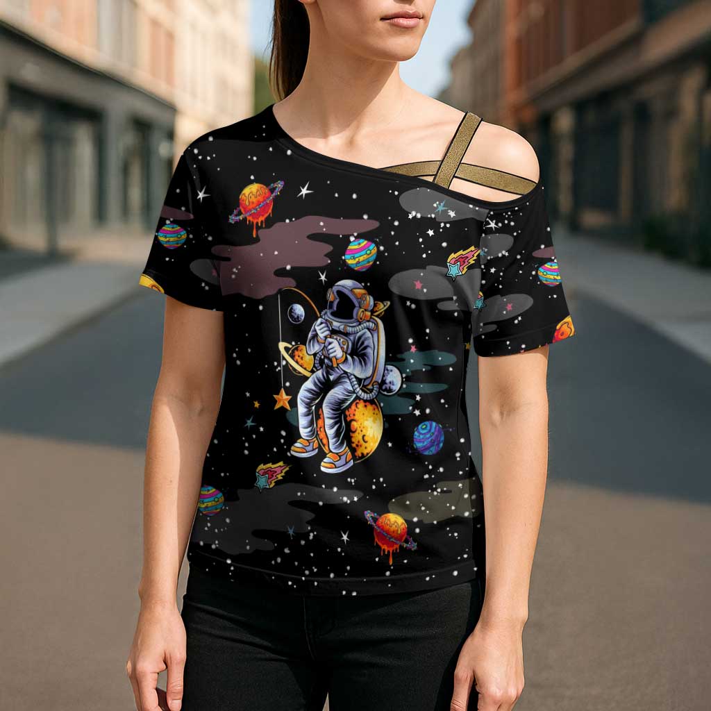 Funny Astronaut Fishing In Space Christmas Cross Shoulder Shirt Xmas Holiday Patterns - Wonder Print Shop