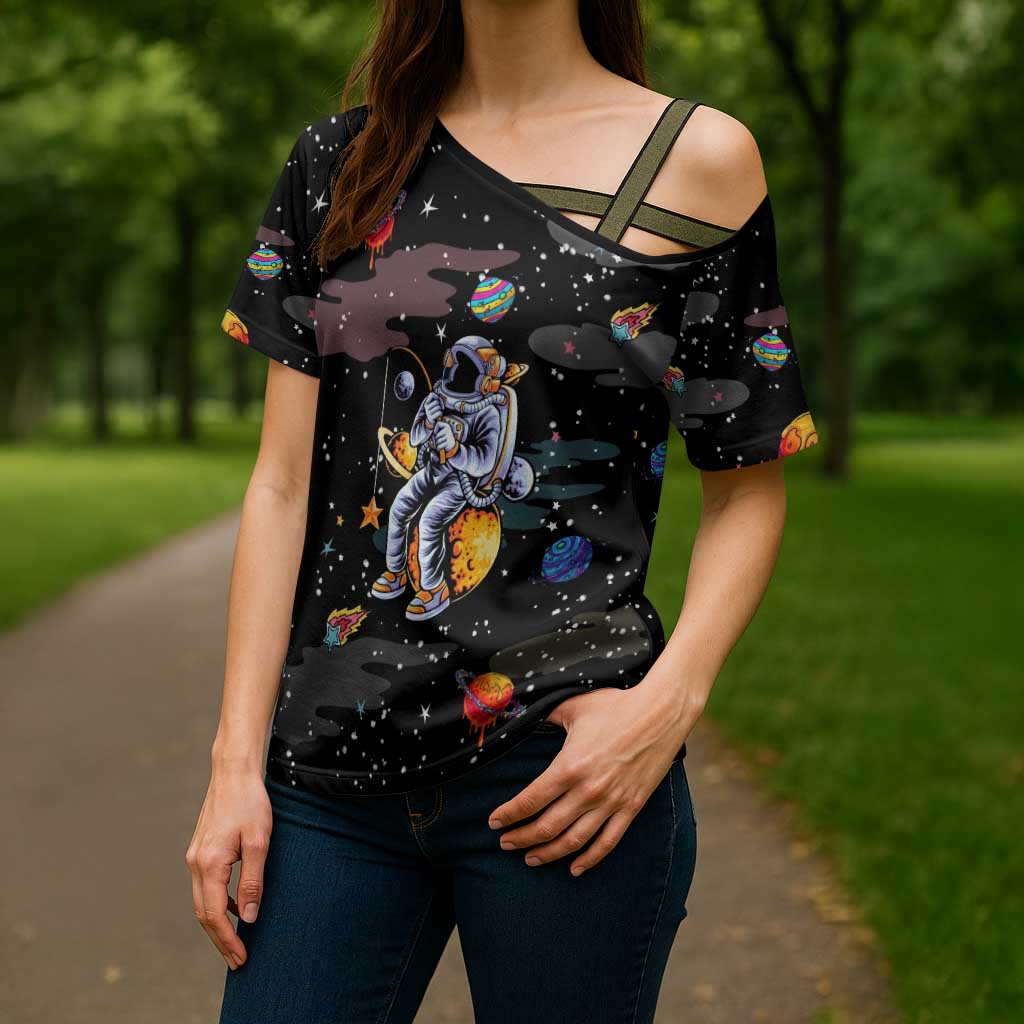 Funny Astronaut Fishing In Space Christmas Cross Shoulder Shirt Xmas Holiday Patterns - Wonder Print Shop