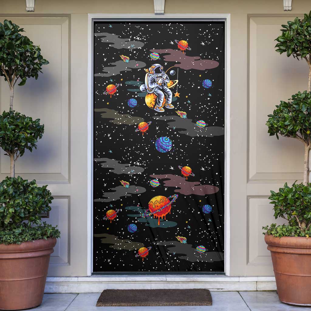 Funny Astronaut Fishing In Space Christmas Door Cover Xmas Holiday Patterns - Wonder Print Shop