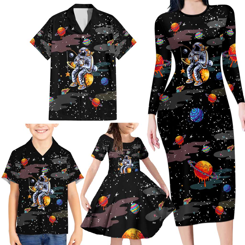 Funny Astronaut Fishing In Space Christmas Family Matching Long Sleeve Bodycon Dress and Hawaiian Shirt Xmas Holiday Patterns - Wonder Print Shop