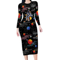 Funny Astronaut Fishing In Space Christmas Family Matching Long Sleeve Bodycon Dress and Hawaiian Shirt Xmas Holiday Patterns - Wonder Print Shop