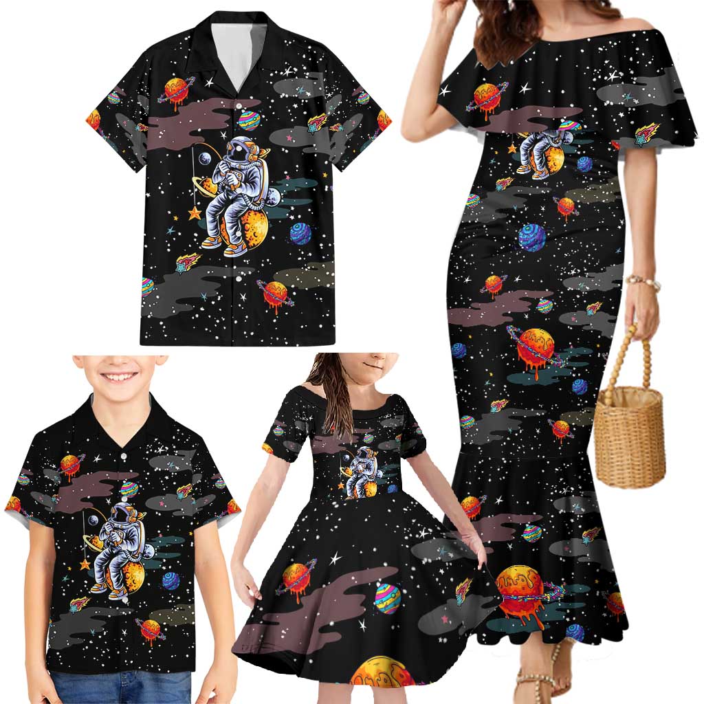 Funny Astronaut Fishing In Space Christmas Family Matching Mermaid Dress and Hawaiian Shirt Xmas Holiday Patterns - Wonder Print Shop