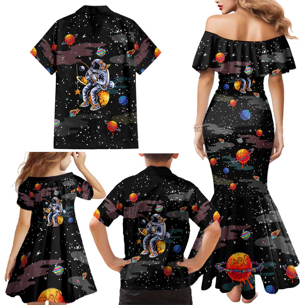 Funny Astronaut Fishing In Space Christmas Family Matching Mermaid Dress and Hawaiian Shirt Xmas Holiday Patterns - Wonder Print Shop