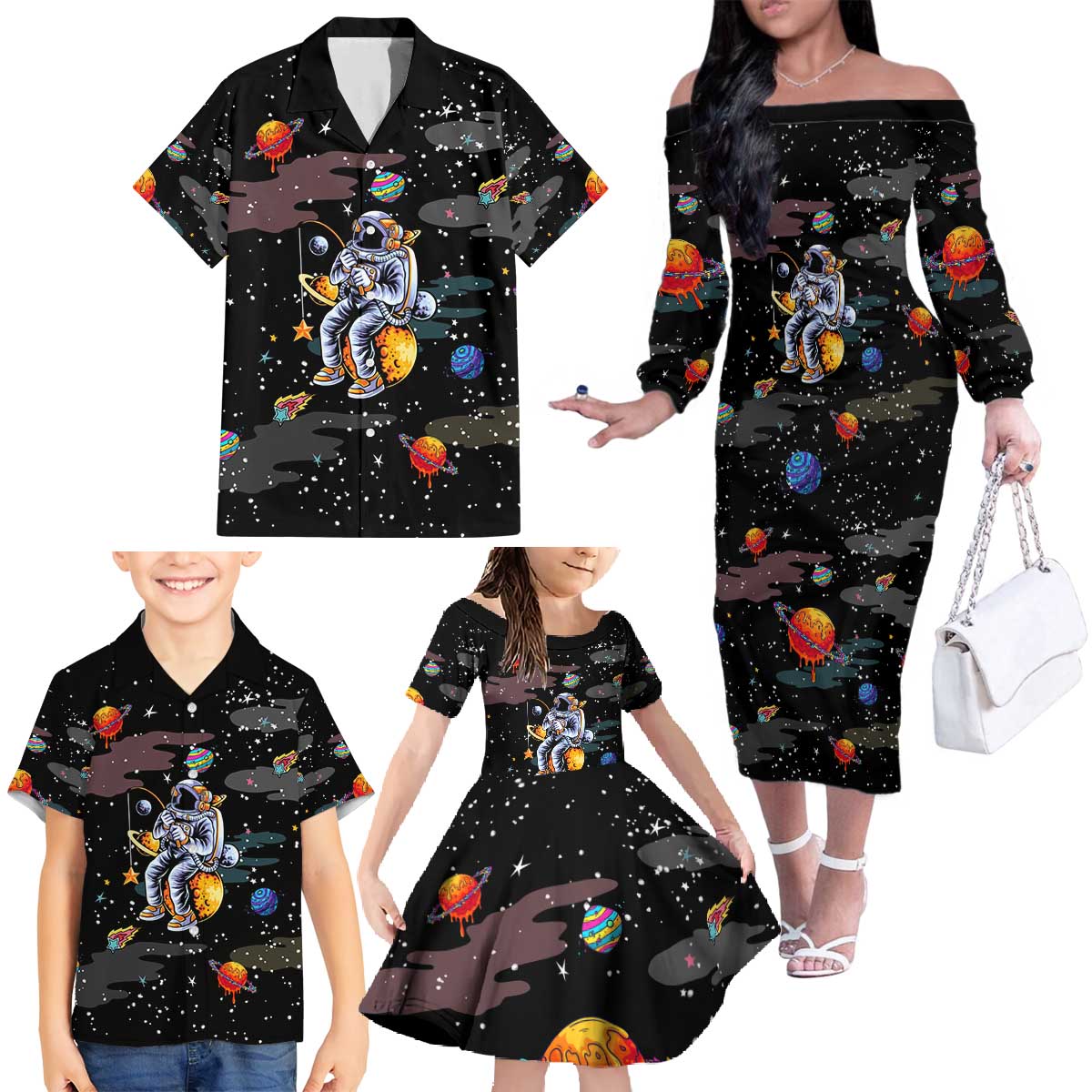 Funny Astronaut Fishing In Space Christmas Family Matching Off The Shoulder Long Sleeve Dress and Hawaiian Shirt Xmas Holiday Patterns - Wonder Print Shop