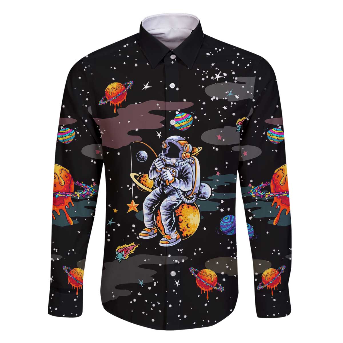 Funny Astronaut Fishing In Space Christmas Family Matching Off The Shoulder Long Sleeve Dress and Hawaiian Shirt Xmas Holiday Patterns - Wonder Print Shop