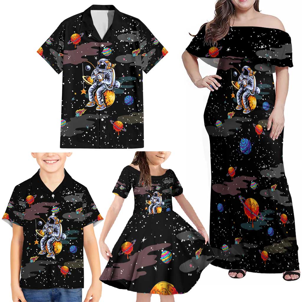 Funny Astronaut Fishing In Space Christmas Family Matching Off Shoulder Maxi Dress and Hawaiian Shirt Xmas Holiday Patterns - Wonder Print Shop