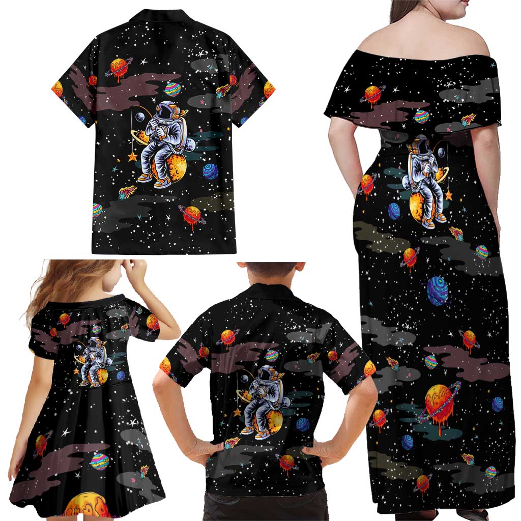 Funny Astronaut Fishing In Space Christmas Family Matching Off Shoulder Maxi Dress and Hawaiian Shirt Xmas Holiday Patterns - Wonder Print Shop