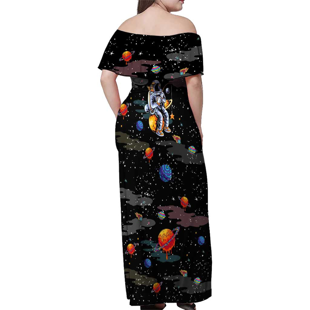 Funny Astronaut Fishing In Space Christmas Family Matching Off Shoulder Maxi Dress and Hawaiian Shirt Xmas Holiday Patterns - Wonder Print Shop