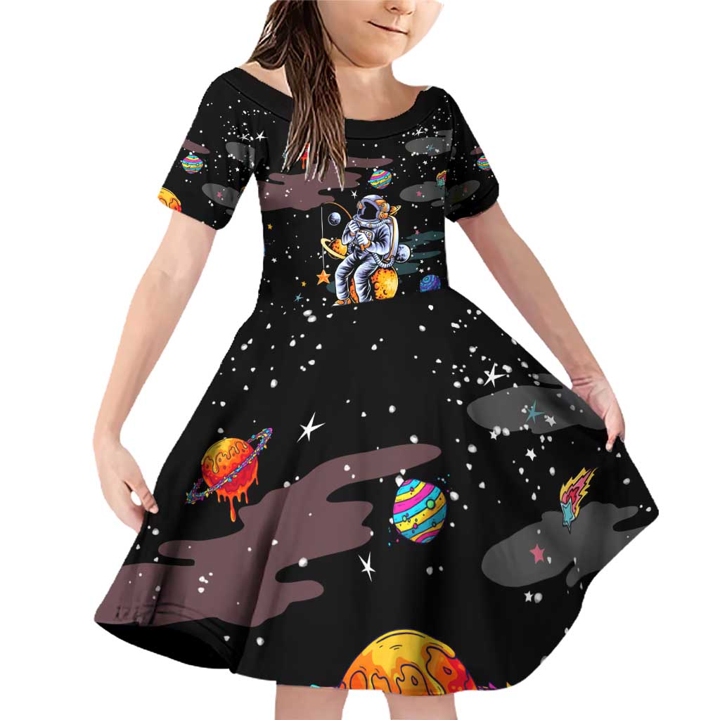Funny Astronaut Fishing In Space Christmas Family Matching Off Shoulder Short Dress and Hawaiian Shirt Xmas Holiday Patterns - Wonder Print Shop