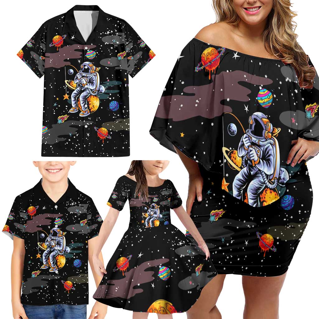 Funny Astronaut Fishing In Space Christmas Family Matching Off Shoulder Short Dress and Hawaiian Shirt Xmas Holiday Patterns - Wonder Print Shop