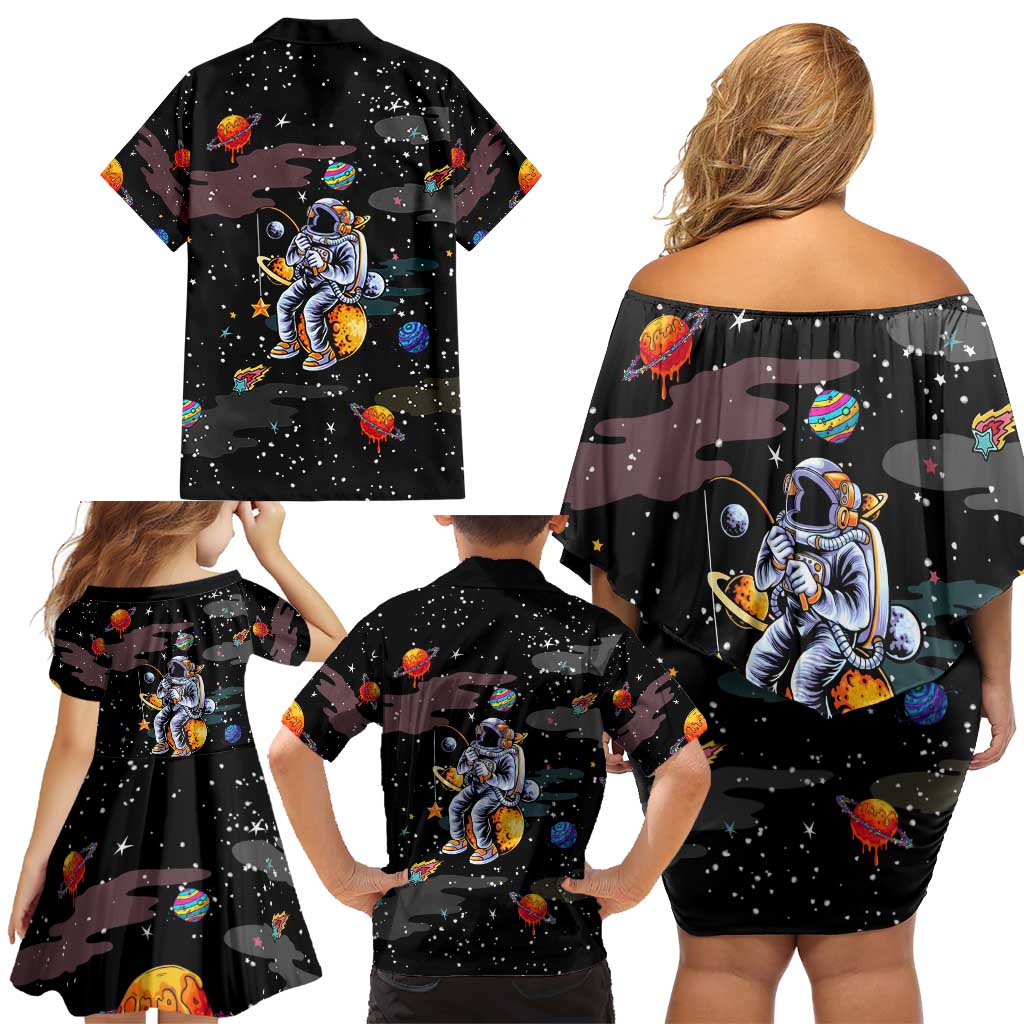 Funny Astronaut Fishing In Space Christmas Family Matching Off Shoulder Short Dress and Hawaiian Shirt Xmas Holiday Patterns - Wonder Print Shop