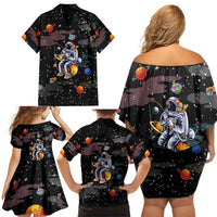 Funny Astronaut Fishing In Space Christmas Family Matching Off Shoulder Short Dress and Hawaiian Shirt Xmas Holiday Patterns - Wonder Print Shop