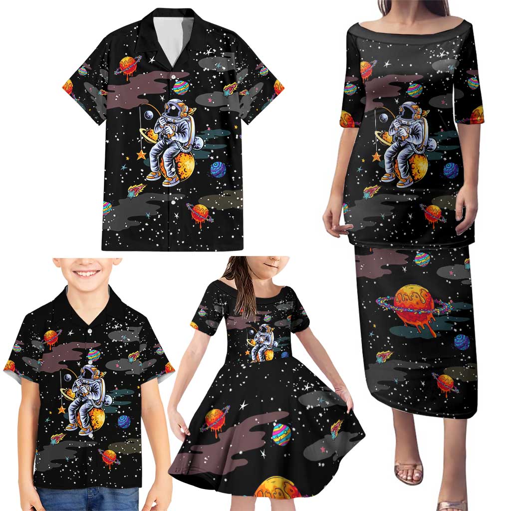 Funny Astronaut Fishing In Space Christmas Family Matching Puletasi and Hawaiian Shirt Xmas Holiday Patterns - Wonder Print Shop