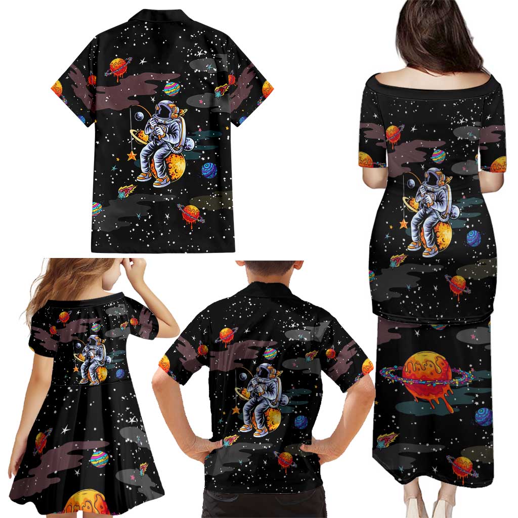 Funny Astronaut Fishing In Space Christmas Family Matching Puletasi and Hawaiian Shirt Xmas Holiday Patterns - Wonder Print Shop