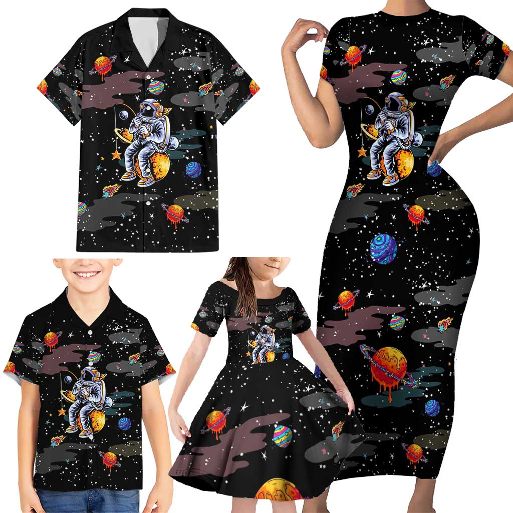 Funny Astronaut Fishing In Space Christmas Family Matching Short Sleeve Bodycon Dress and Hawaiian Shirt Xmas Holiday Patterns - Wonder Print Shop