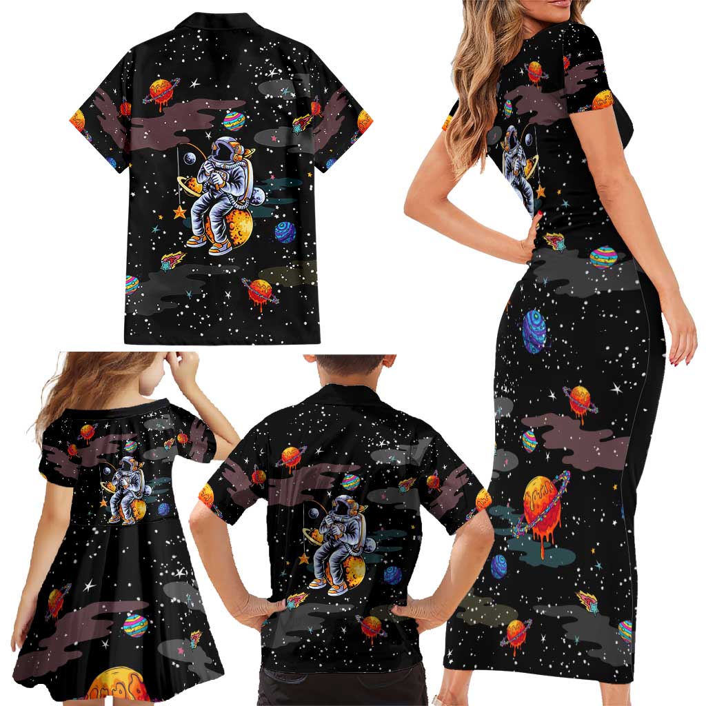 Funny Astronaut Fishing In Space Christmas Family Matching Short Sleeve Bodycon Dress and Hawaiian Shirt Xmas Holiday Patterns - Wonder Print Shop