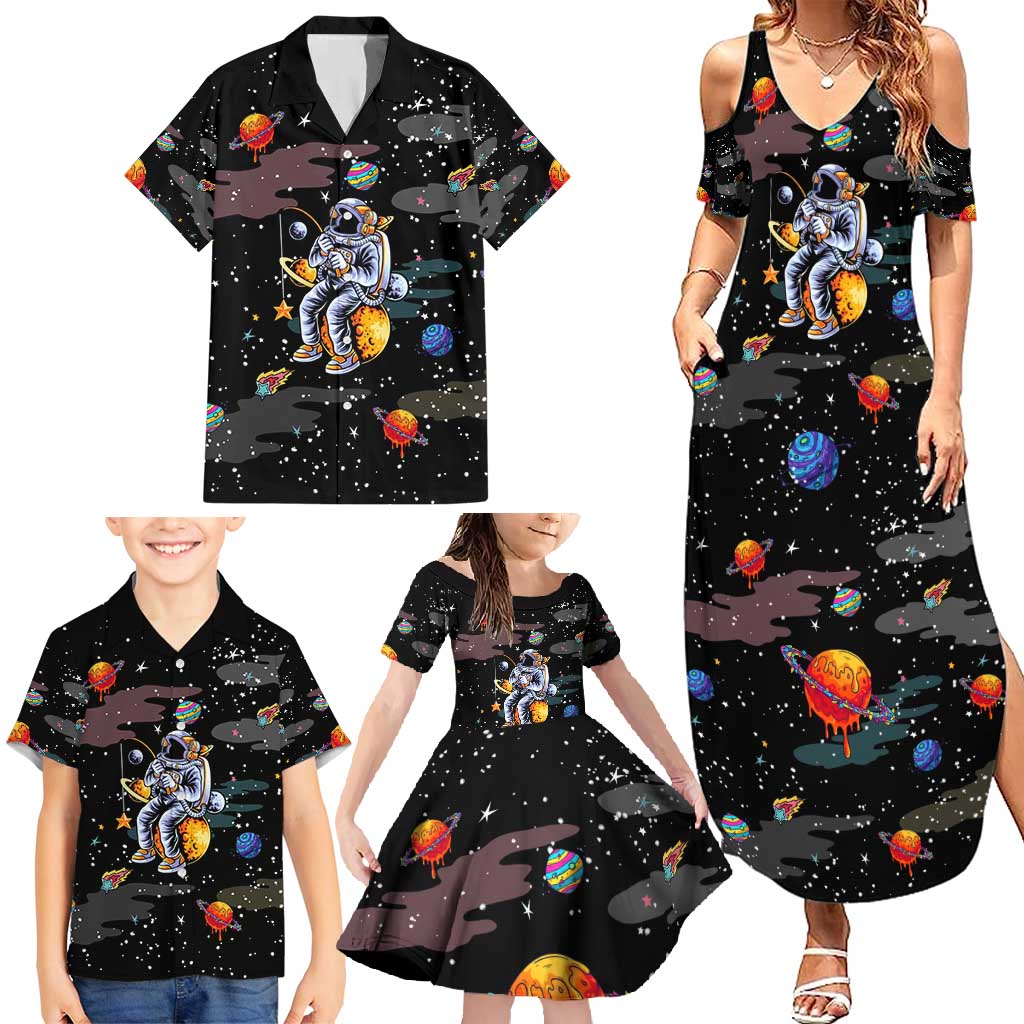 Funny Astronaut Fishing In Space Christmas Family Matching Summer Maxi Dress and Hawaiian Shirt Xmas Holiday Patterns - Wonder Print Shop