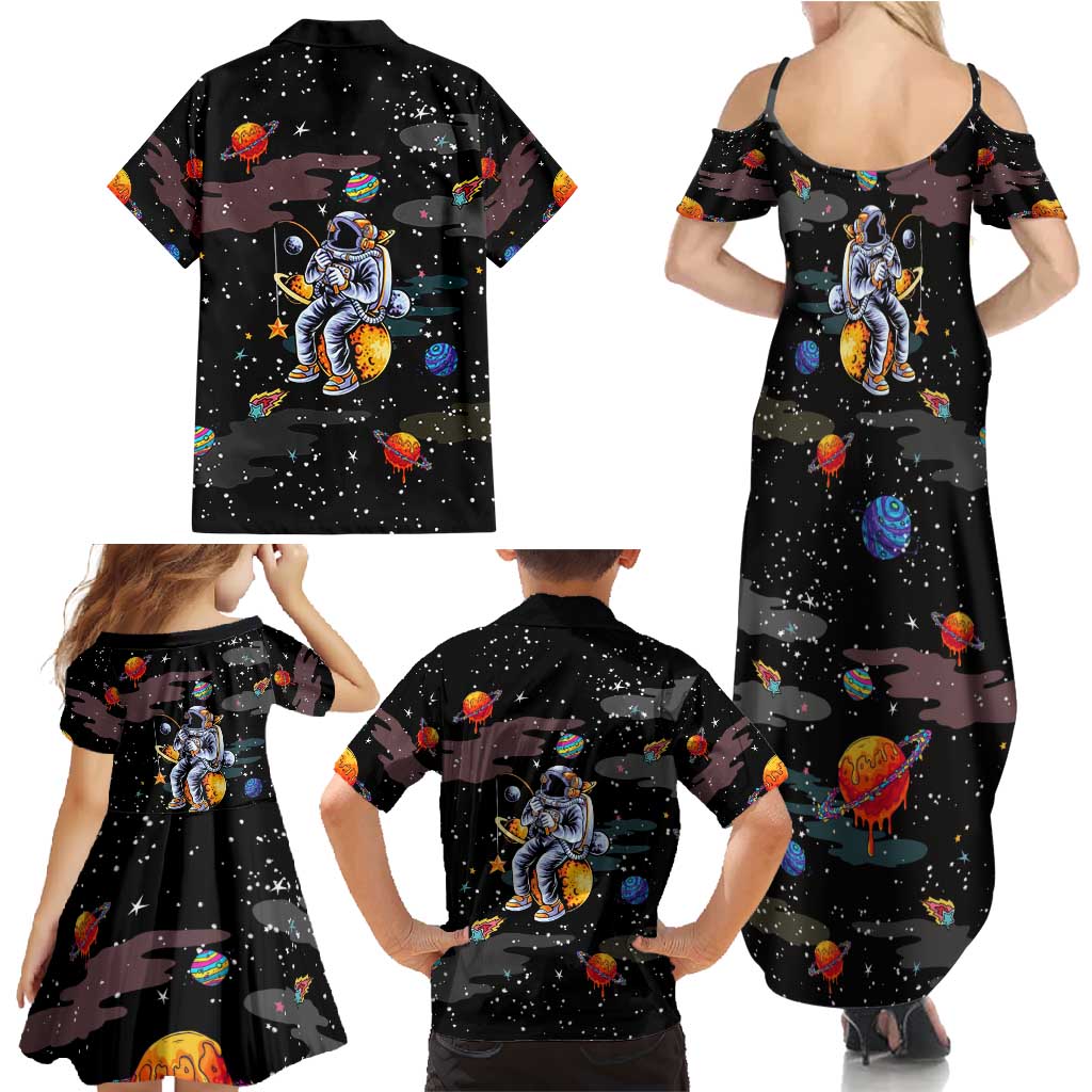 Funny Astronaut Fishing In Space Christmas Family Matching Summer Maxi Dress and Hawaiian Shirt Xmas Holiday Patterns - Wonder Print Shop
