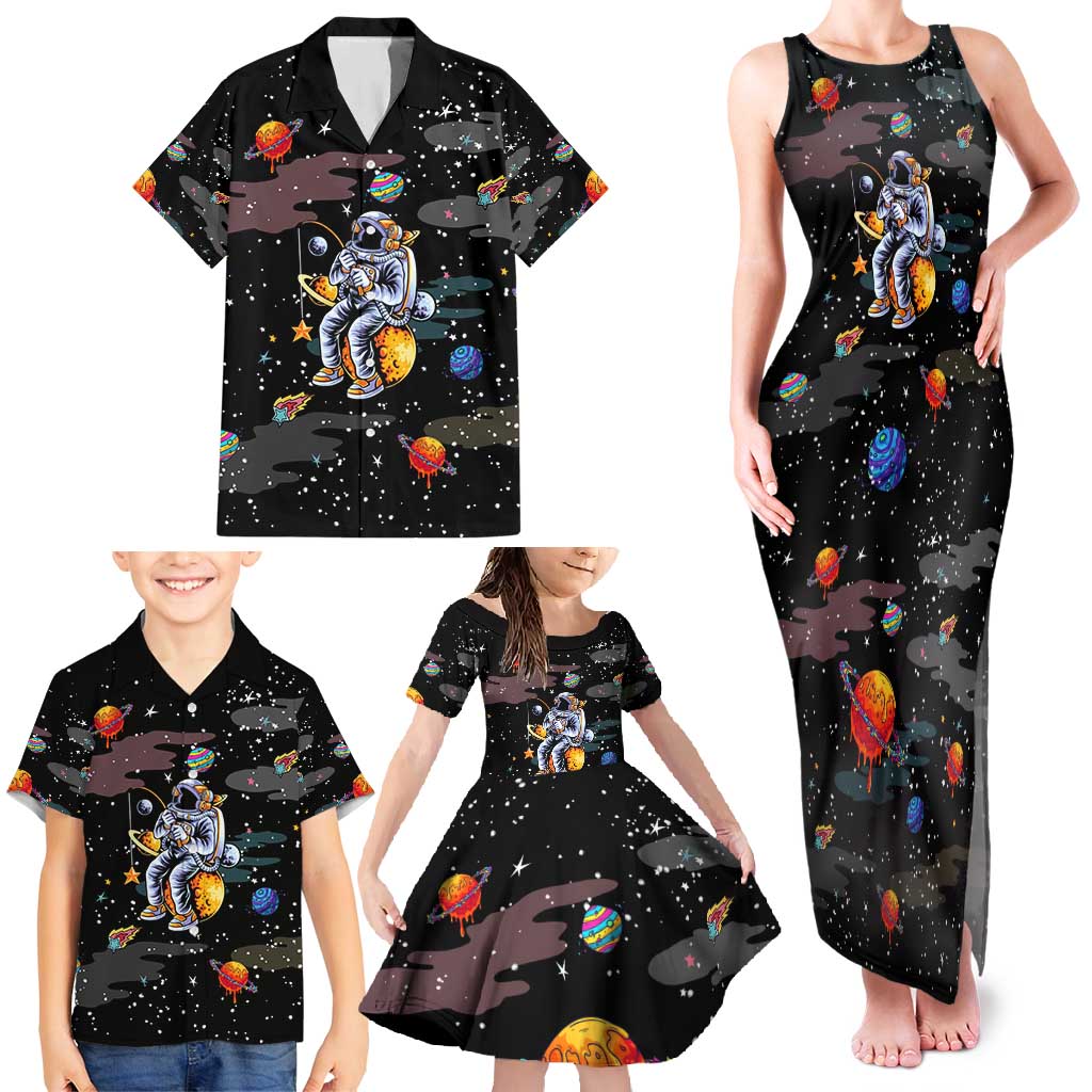 Funny Astronaut Fishing In Space Christmas Family Matching Tank Maxi Dress and Hawaiian Shirt Xmas Holiday Patterns - Wonder Print Shop